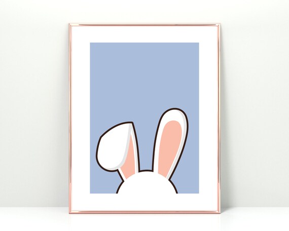 Cute Bunny Ears Peeking Minimalist Blue Nursery Kids Animal Art Poster