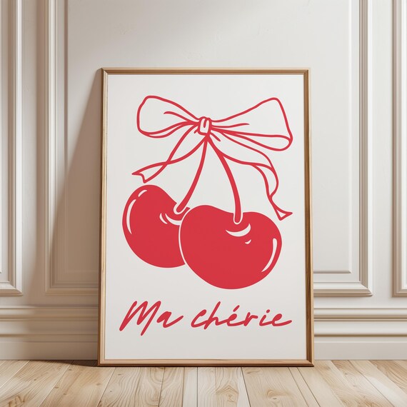 Ma Cherie Print Red Bow Cherry Poster Coquette Wall Art Retro Decor Trendy Room Decor Girly Wall Art Aesthetic Print Cherry Wall Art