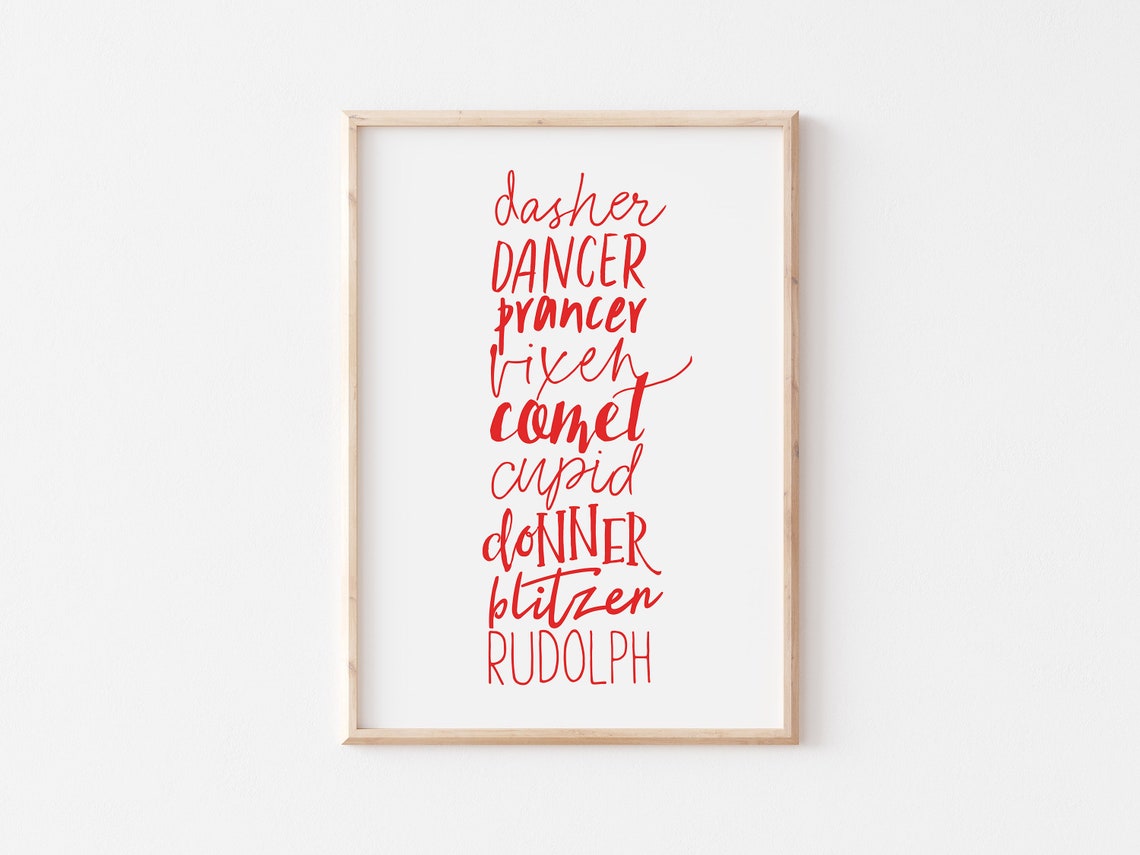 Christmas Reindeer Names Typography Poster in Red Holiday Lettering