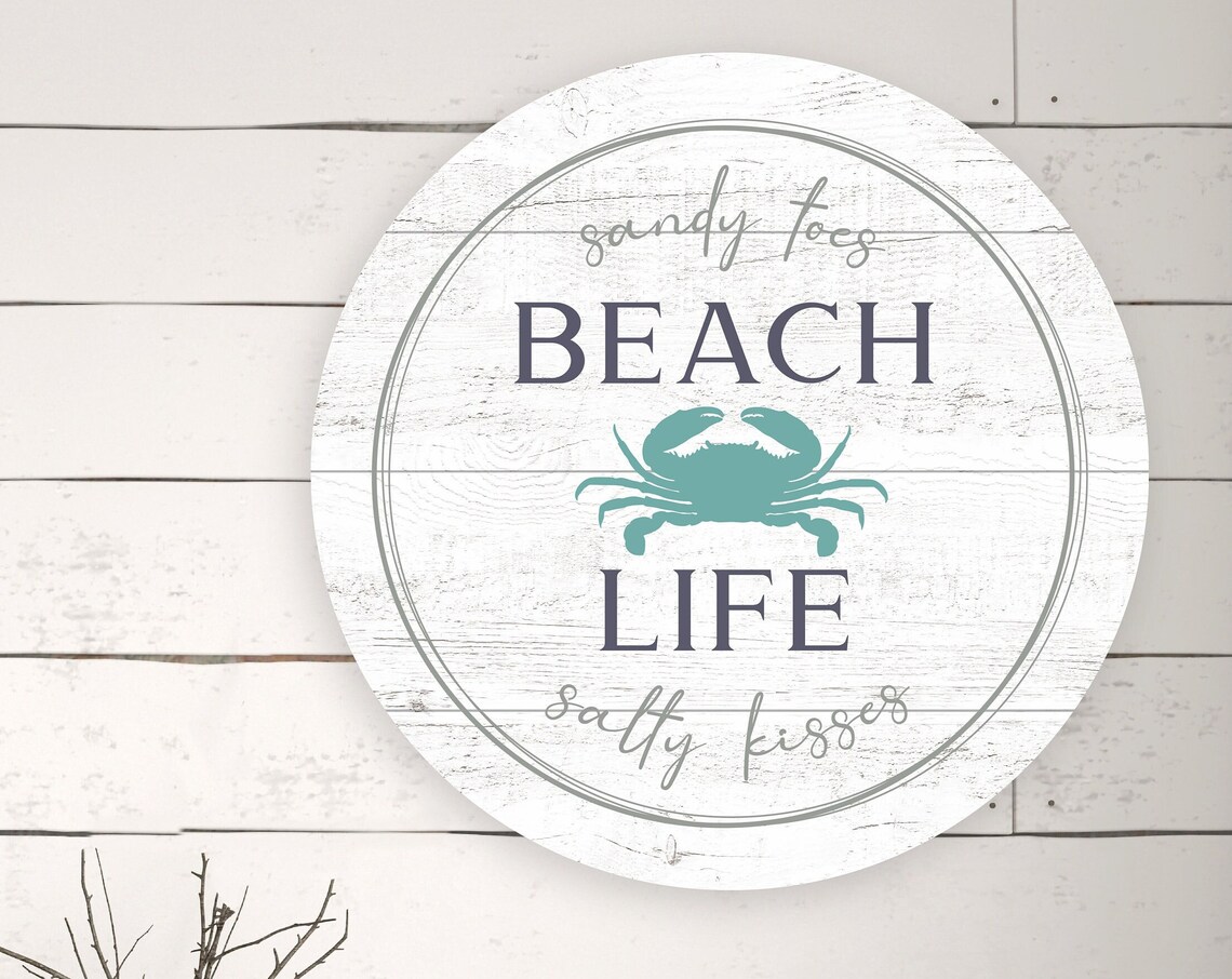 Sandy Toes Salty Kisses Beach Life Crab Nautical Round Poster