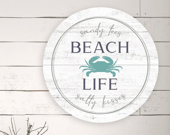 Sandy Toes Salty Kisses Beach Life Cute Nautical Beach Decor Beachhouse Signs Circular Sign With Faux White Wood Background