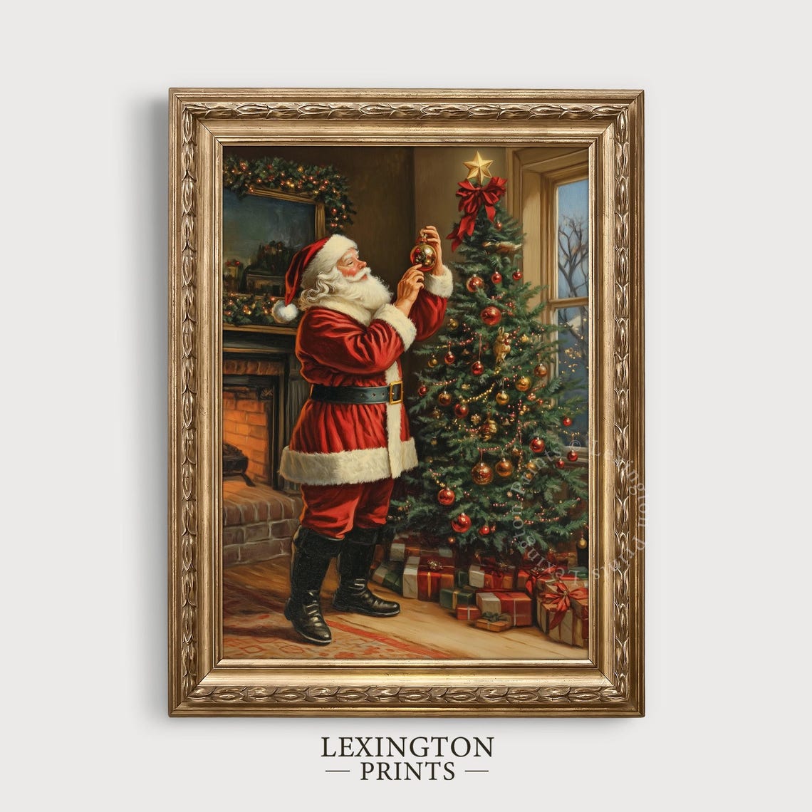 Santa Decorating Christmas Tree Fireside Vintage Holiday Poster - Image 4