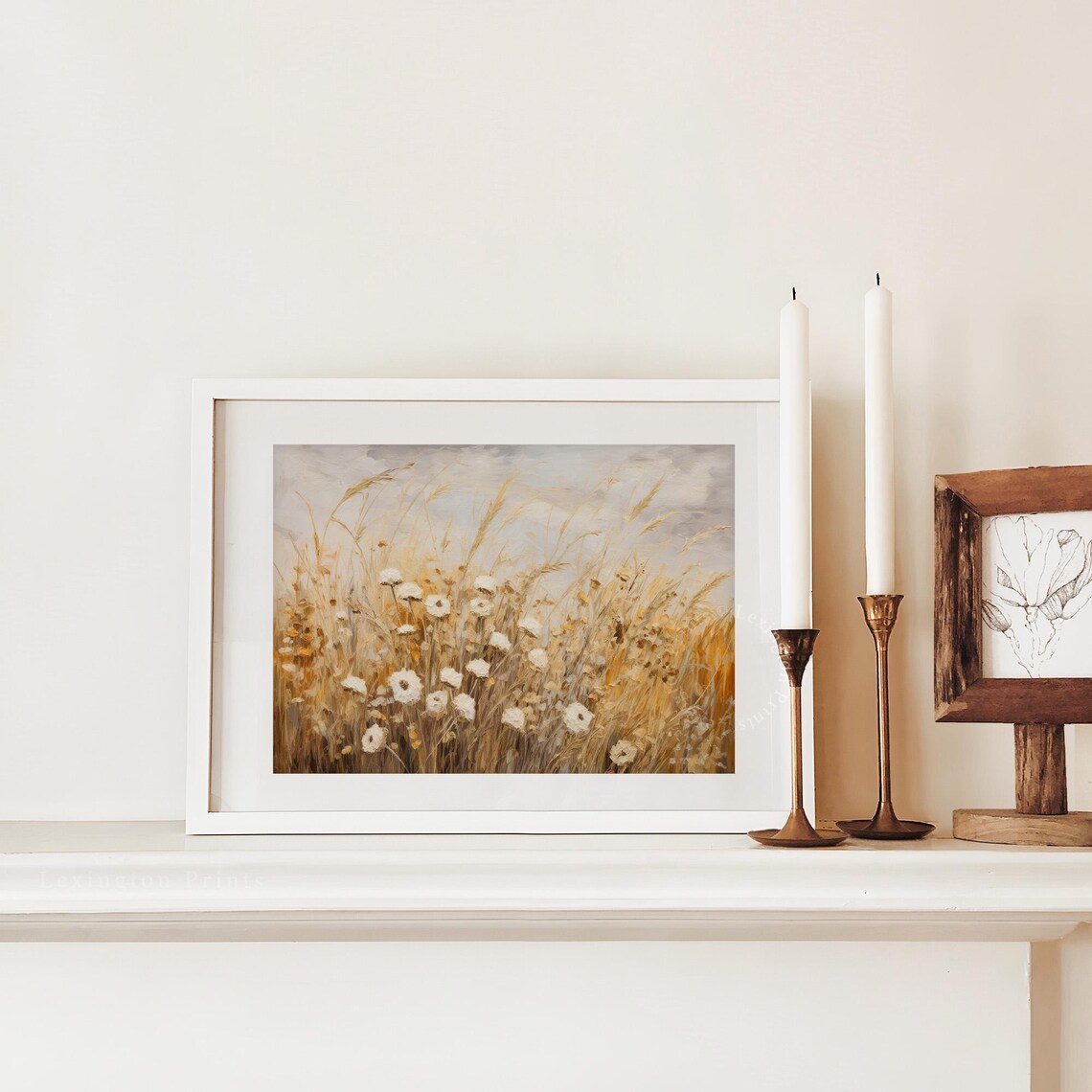 Golden Wheat Field White Wildflowers Impressionist Fall Meadow Painting Poster - Image 2