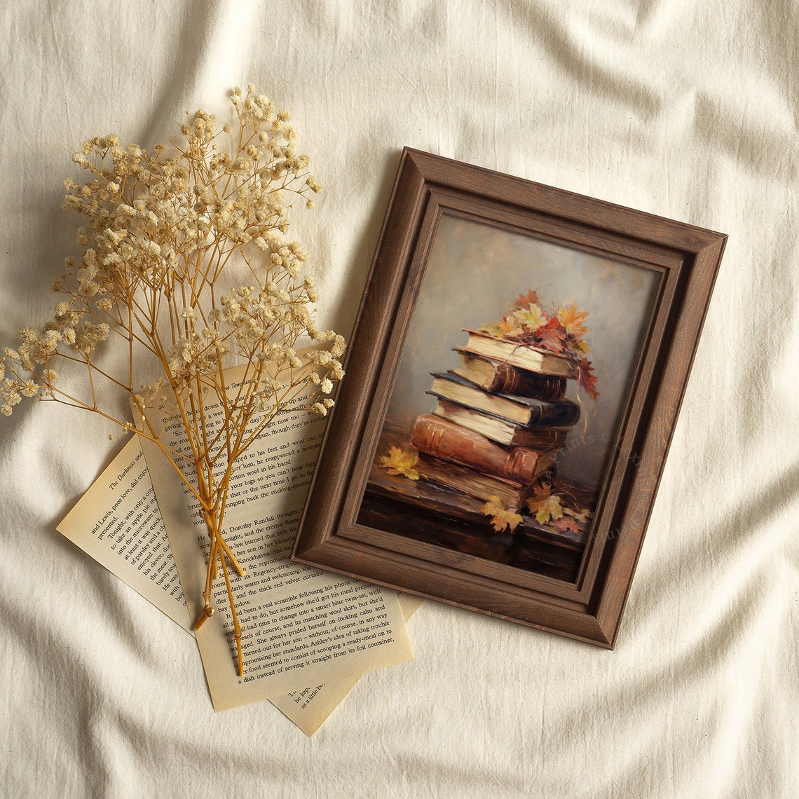 Stack of Old Books with Autumn Maple Leaves Vintage Still Life Poster - Image 3
