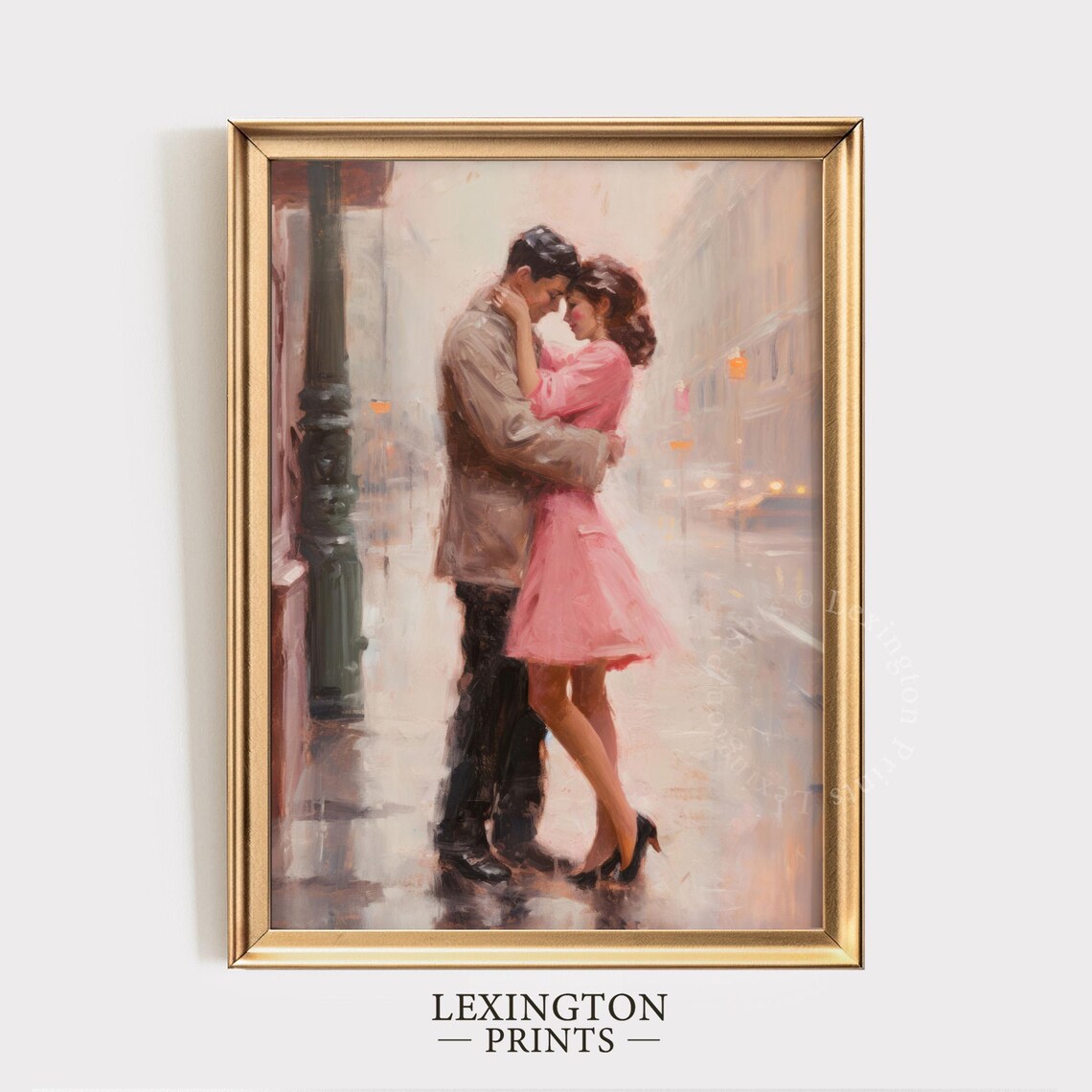 Romantic Couple Embracing in Rainy City Street Love Painting Print - Image 5