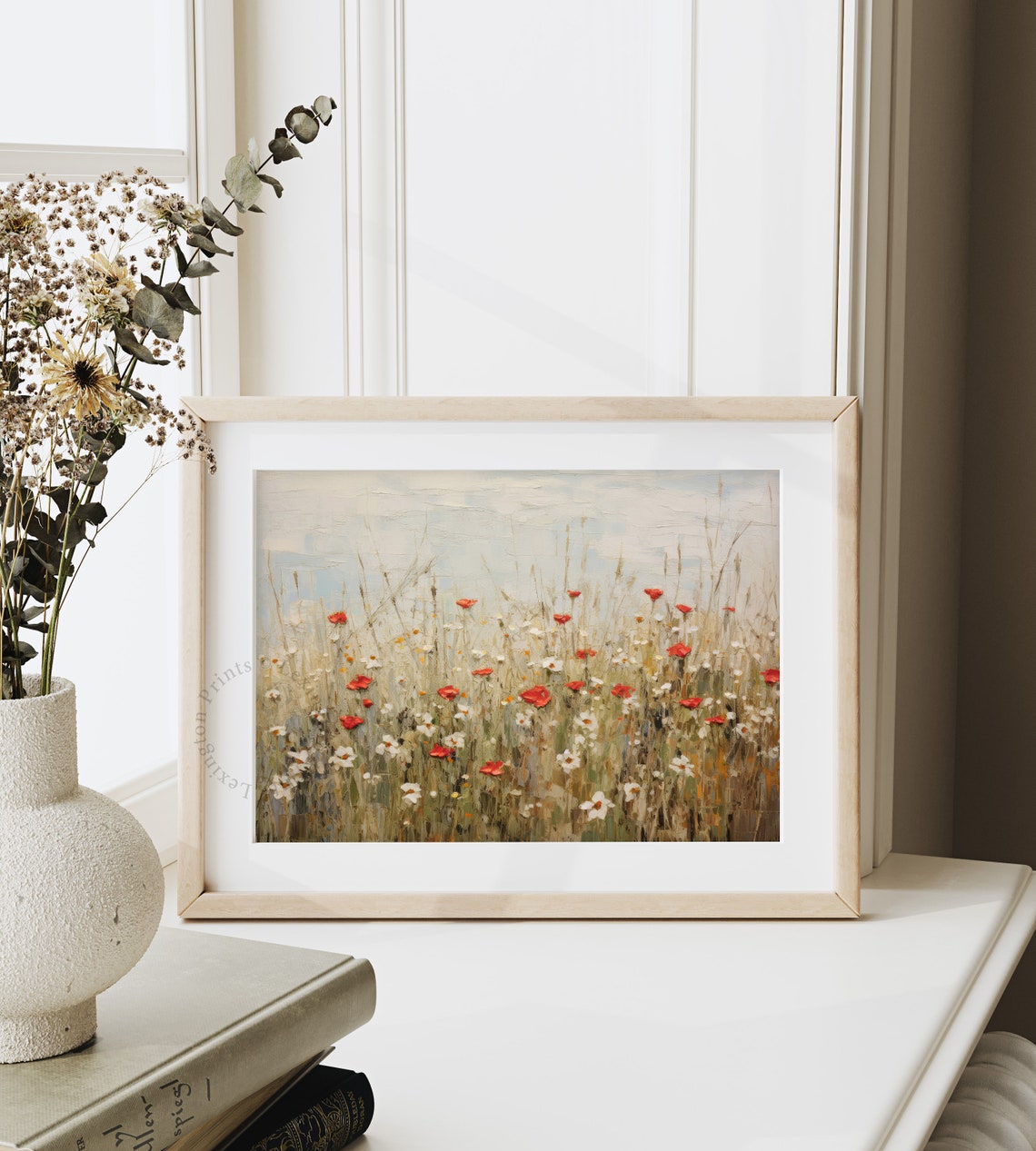 Red Poppies and White Daisies in Soft Wildflower Meadow Poster - Image 4