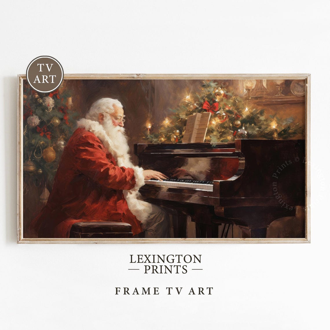 Santa Claus Playing Grand Piano by Christmas Tree Frame TV Art Poster