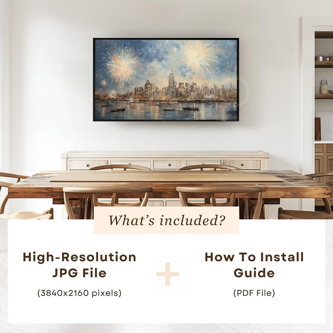 New York Skyline Fireworks Harbor Night Celebration Painting Poster - Image 5