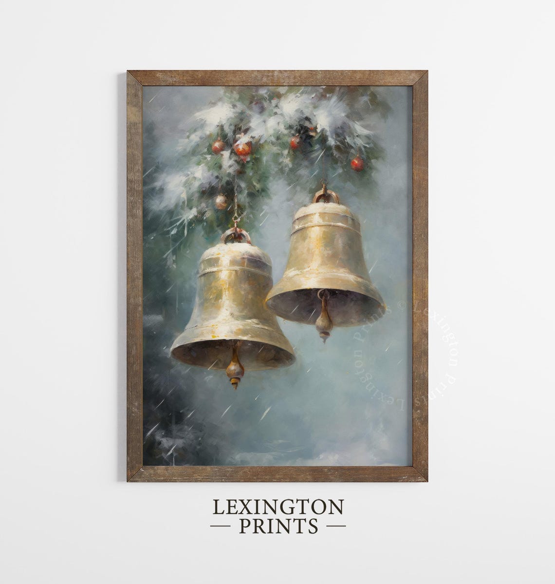 Large Brass Bells on Snowy Evergreen Bough Misty Winter Holiday Poster - Image 2