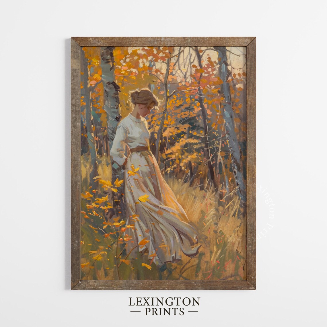 Woman Autumn Birch Forest Golden Vintage Moody Fall Painting Poster - Image 3