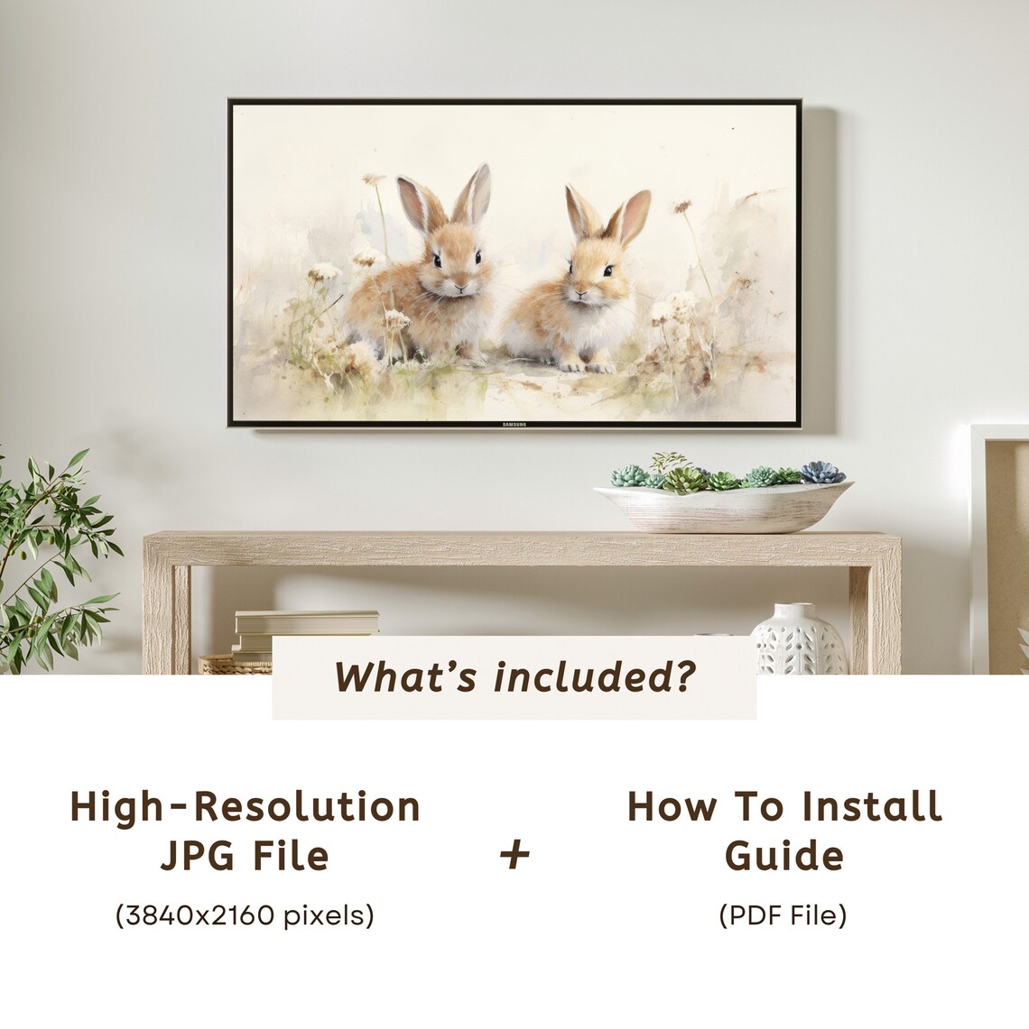 Baby Bunnies Pair Soft Watercolor Cream Background Easter Frame TV Art Poster - Image 6