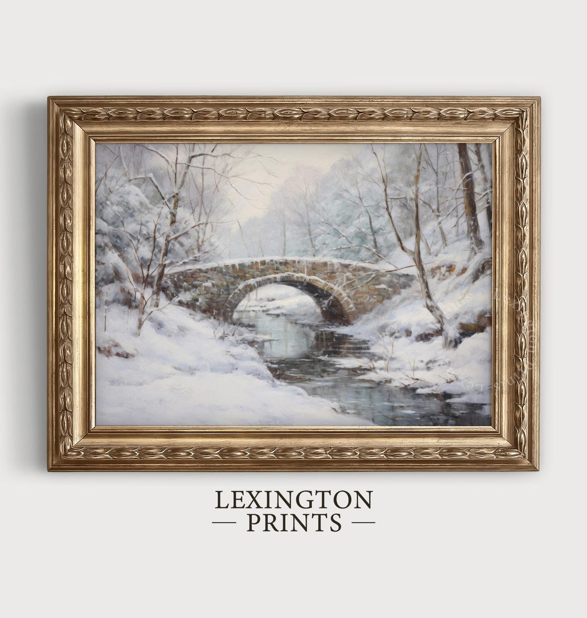 Snowy Stone Bridge Winter Landscape Painting Vintage Wall Art - Image 4