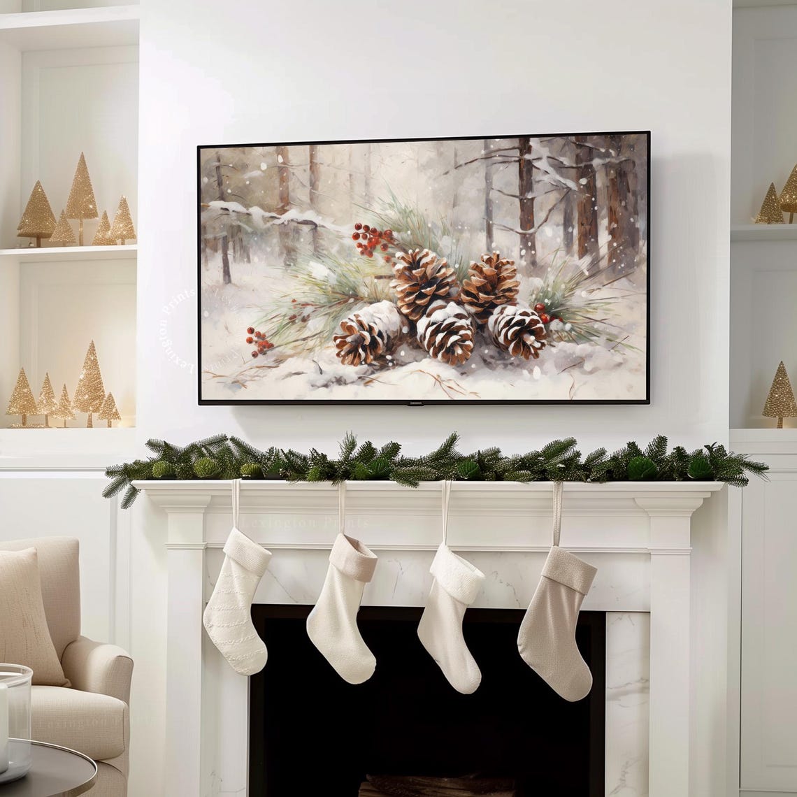 Snow Covered Pinecones and Red Berries Winter Forest Scene Poster - Image 8