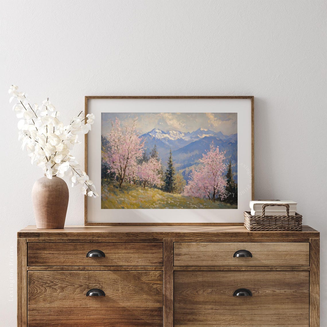 Pink Cherry Blossom Trees with Snowy Mountain Backdrop Wall Art - Image 3