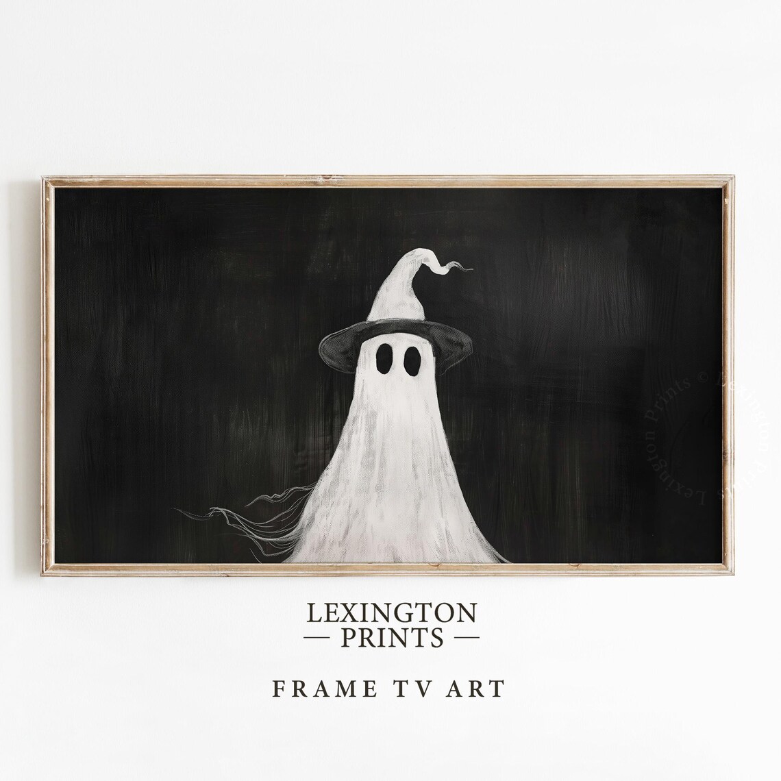 Cute Ghost Wearing Witch Hat Black Background Minimal Halloween Frame TV Art Poster - Image 3