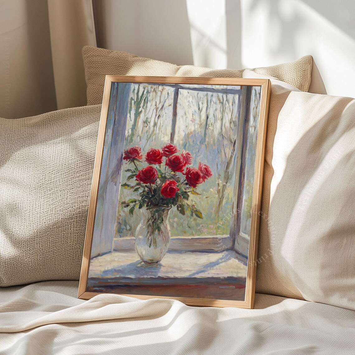 Red Roses in Glass Vase on Sunlit Windowsill Floral Still Life Print - Image 8
