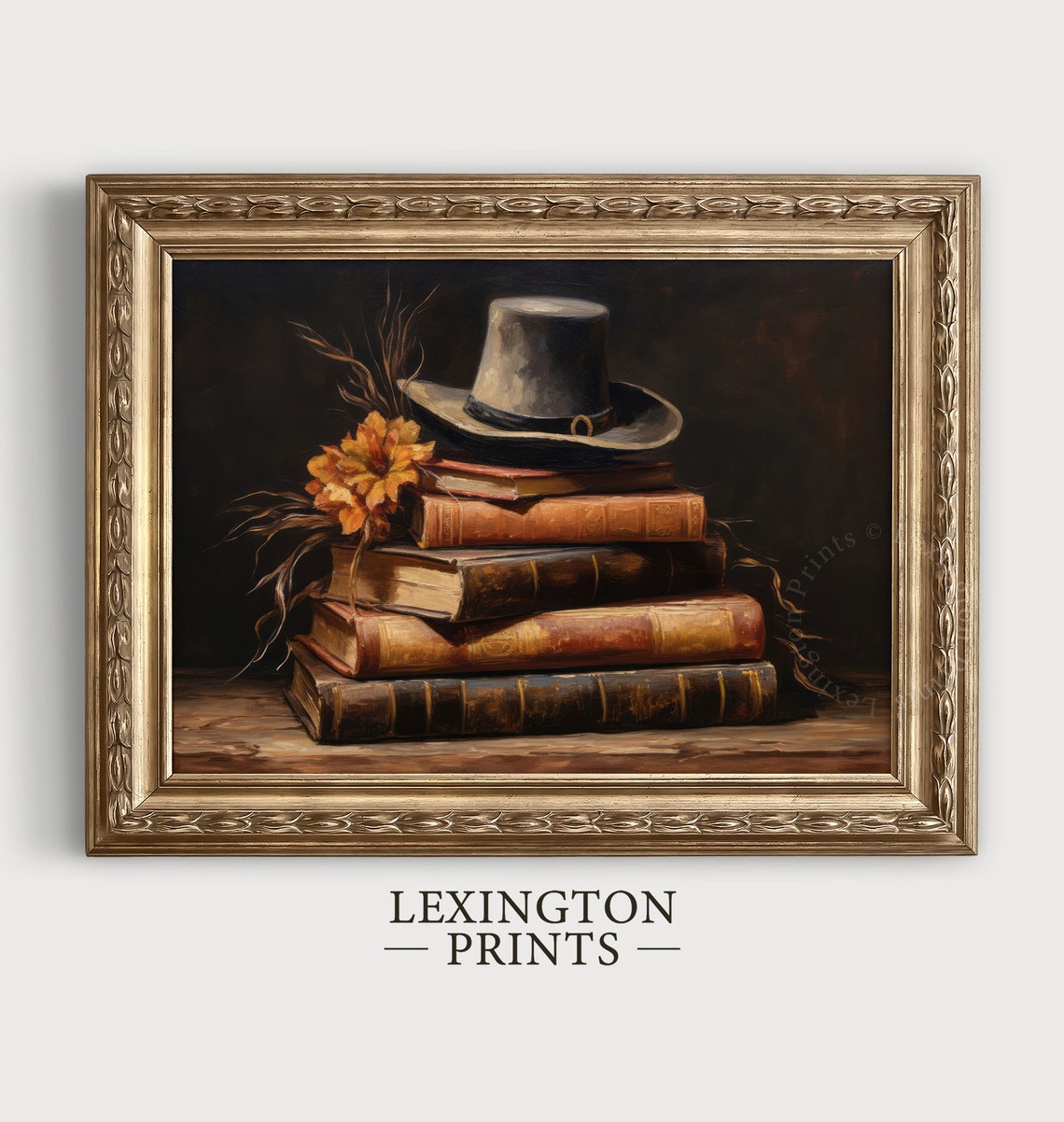Pilgrim Hat on Stack of Old Books Vintage Fall Painting Poster - Image 3