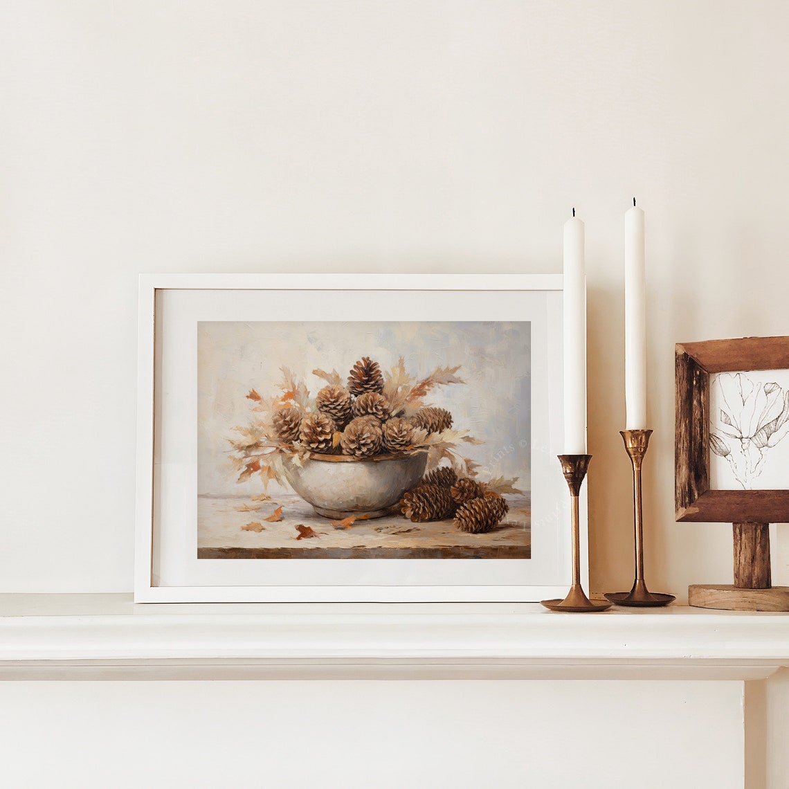 Pinecone Bowl Rustic Fall Harvest Still Life Oil Painting Poster - Image 4