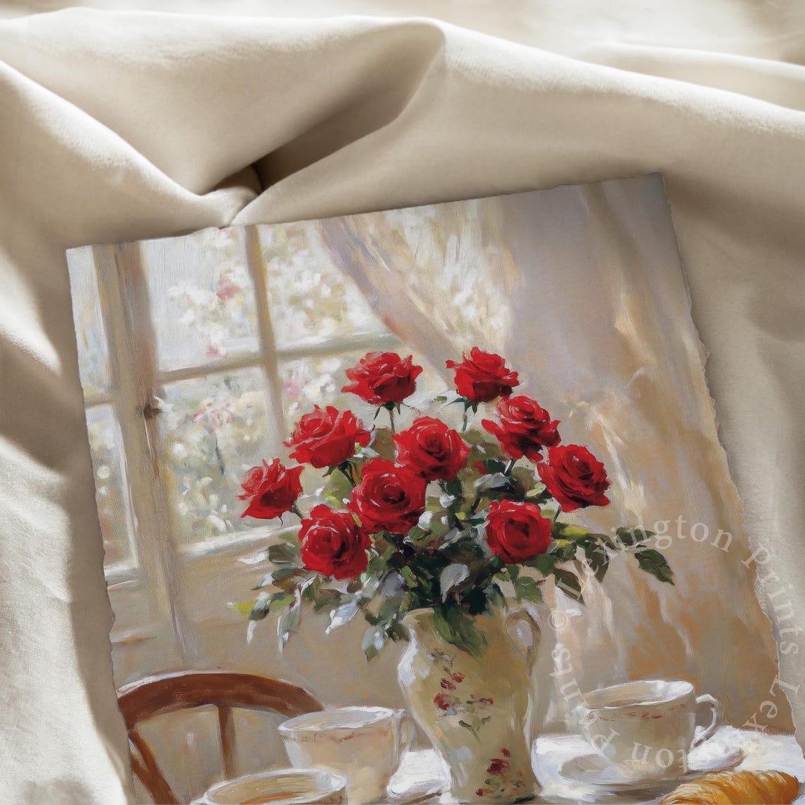 Red Roses and Croissants Breakfast Table by Sunny Window Art Print - Image 7