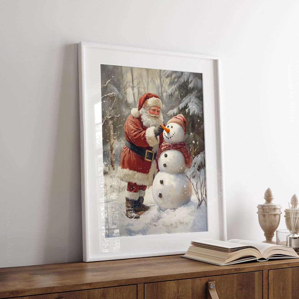 Santa Building a Happy Snowman in Vintage Winter Wonderland Poster - Image 7