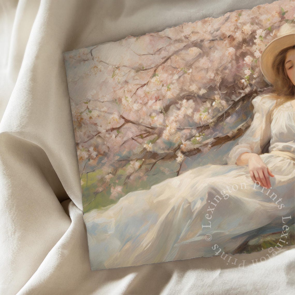Woman Resting Under Cherry Blossom Tree in White Dress Spring Poster - Image 7
