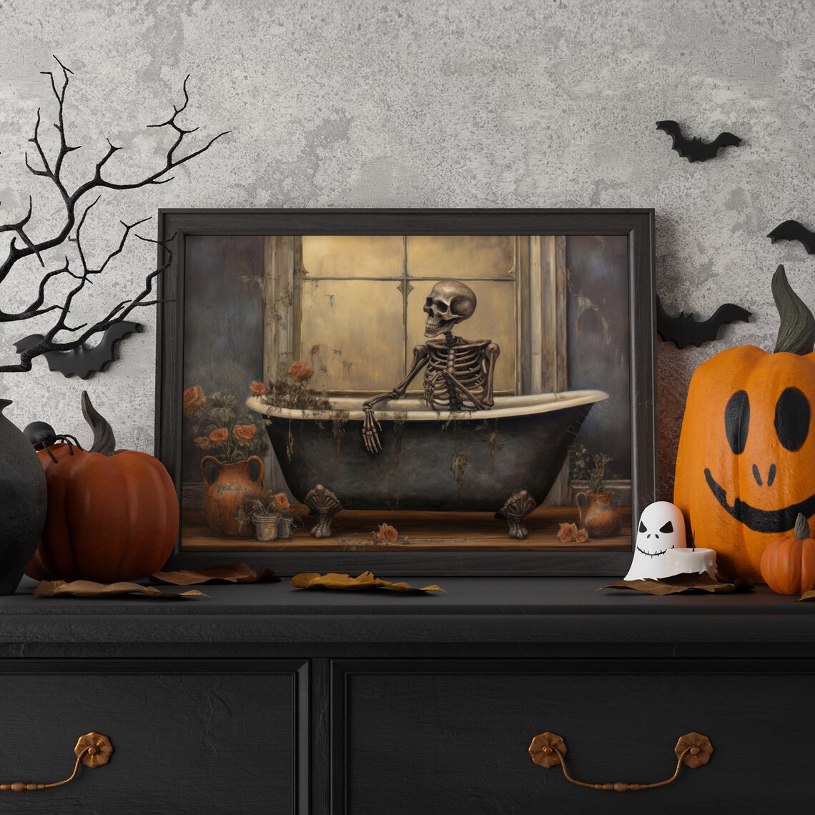 Skeleton in Vintage Clawfoot Bathtub Moody Halloween Wall Art - Image 7