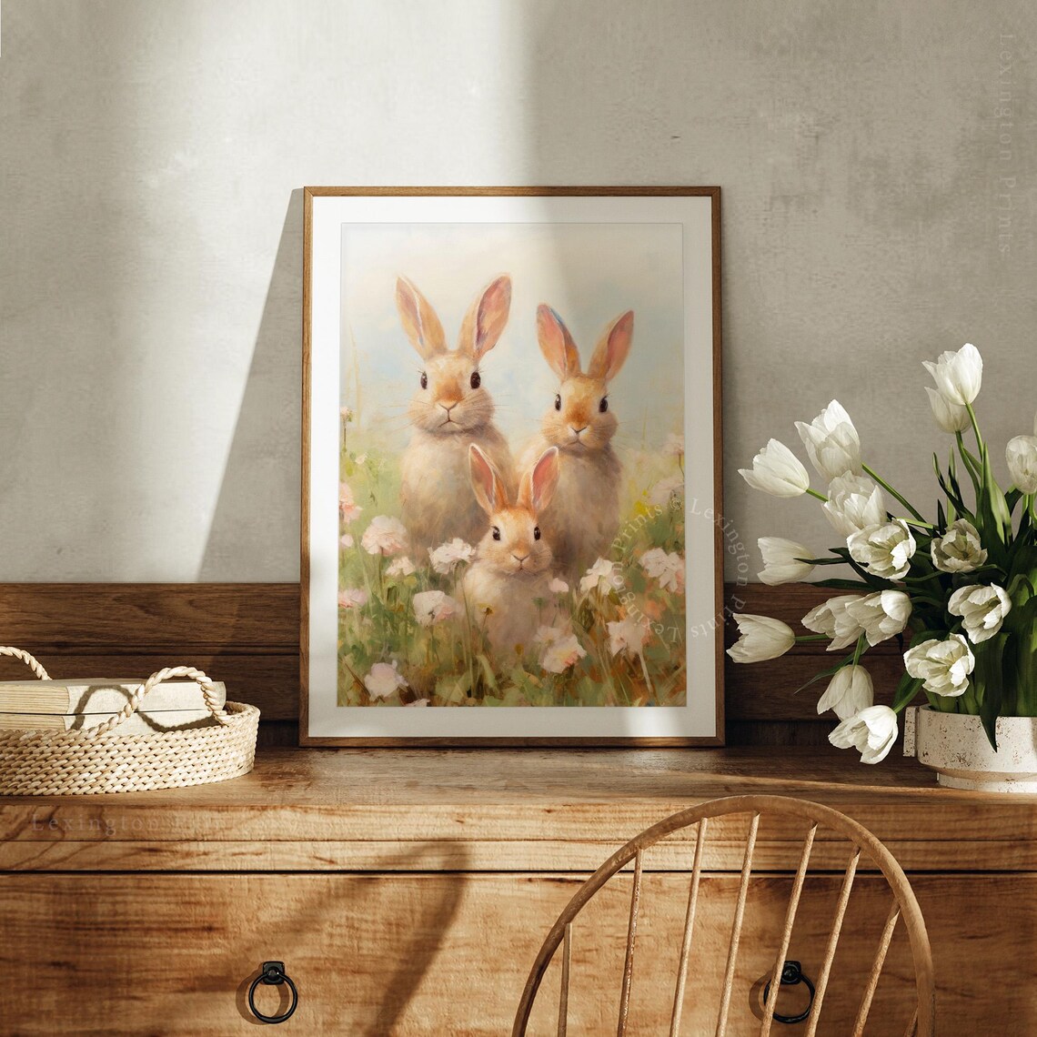 Three Bunnies Close Up Watercolor Spring Rabbit Family Wall Art - Image 4