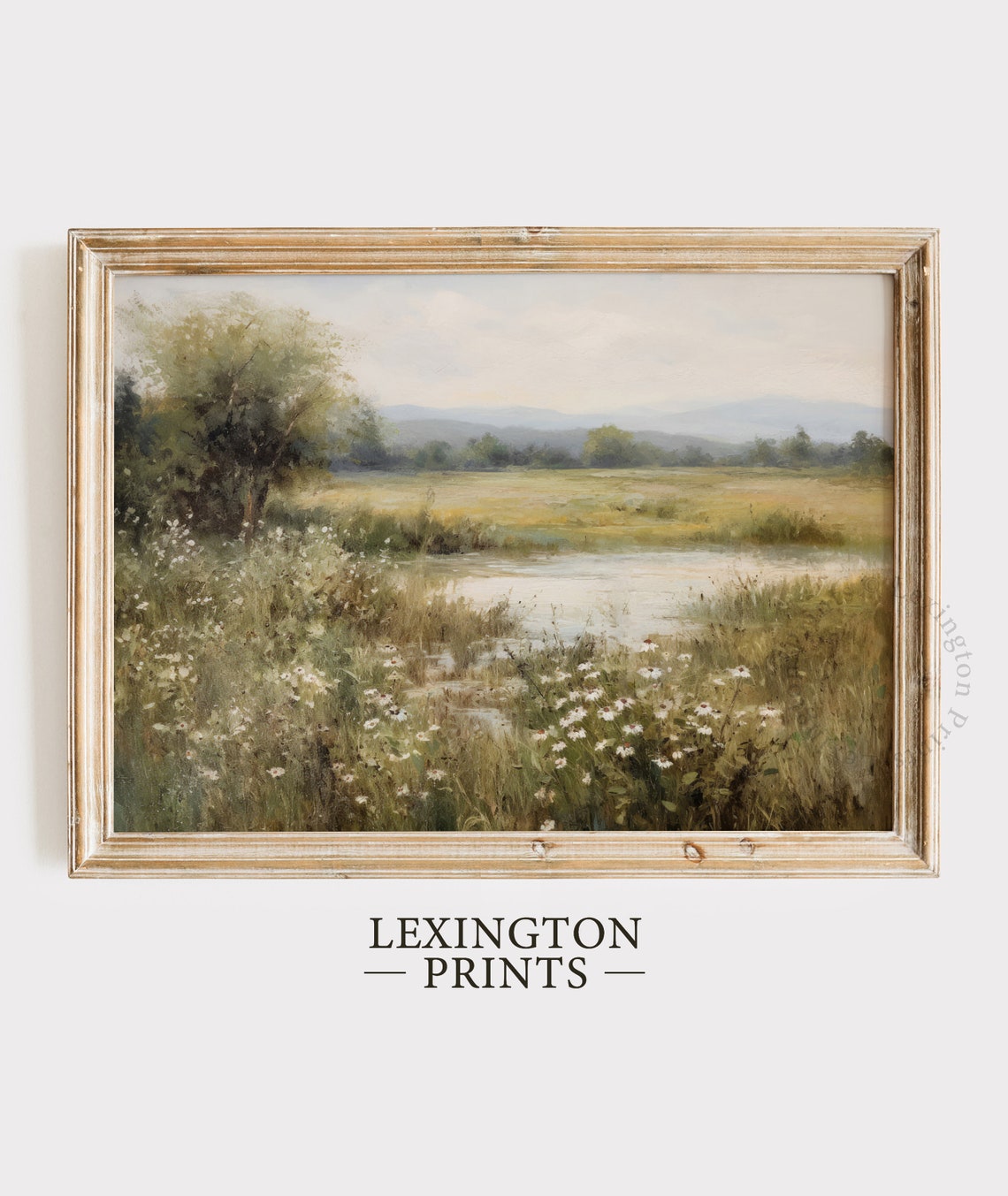 Wildflower Field Pond Landscape Vintage Spring Meadow Wall Art
