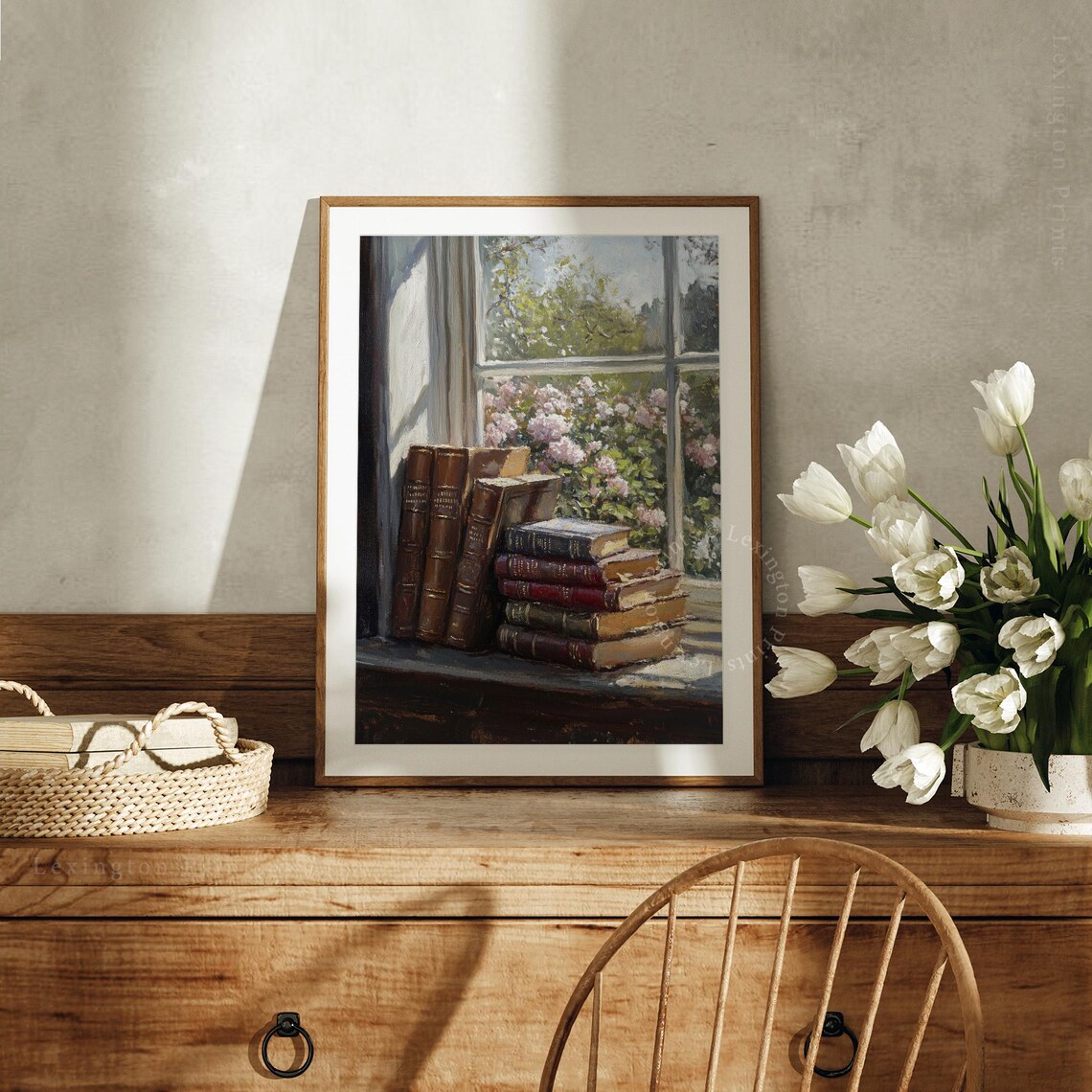 Antique Books on Windowsill Overlooking Rose Garden Still Life Print - Image 7