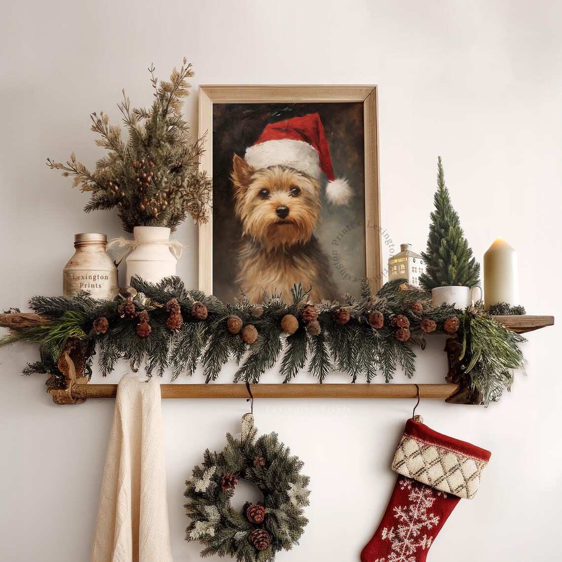Small Dog in a Santa Hat Vintage Christmas Oil Painting Poster - Image 6
