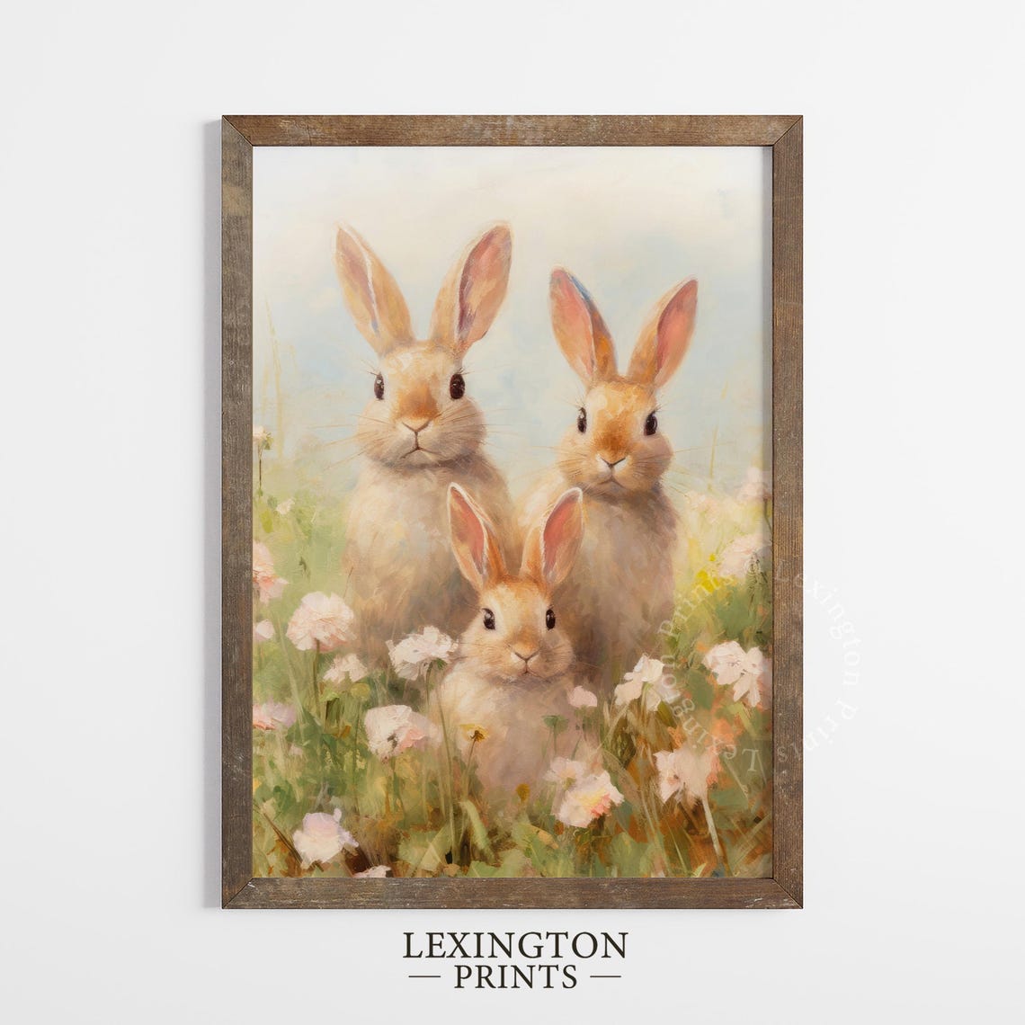 Three Bunnies Close Up Watercolor Spring Rabbit Family Wall Art - Image 5
