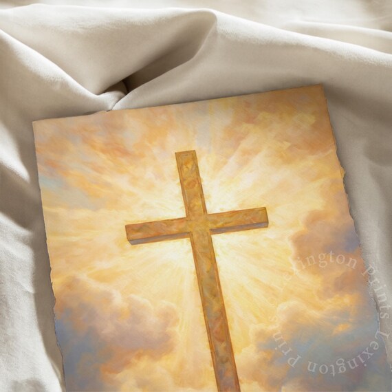 Golden Cross Against Glowing Sunrise Clouds Faith Hope Wall Art