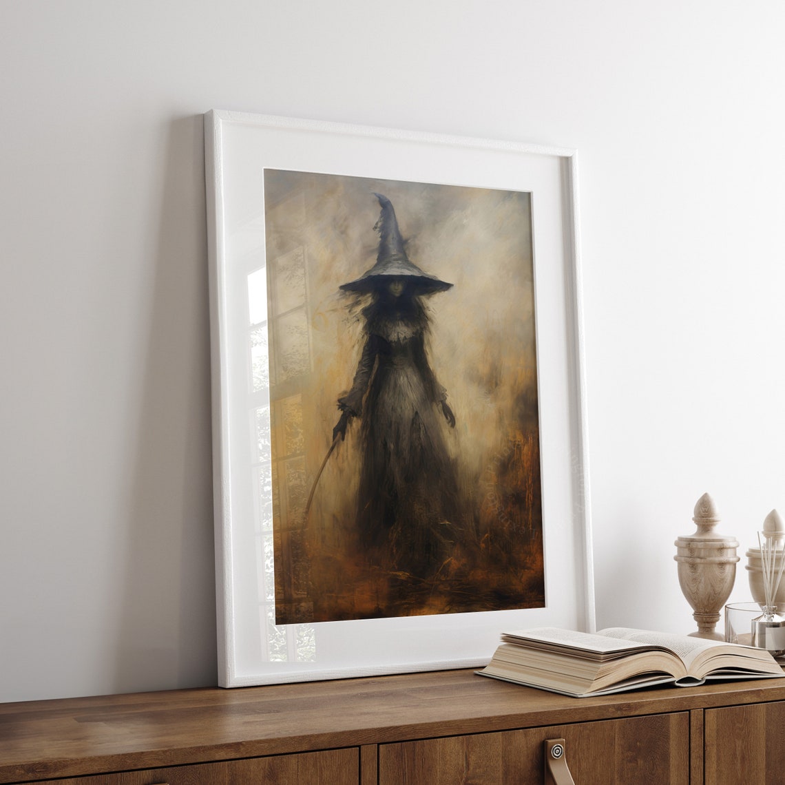 Shadowy Tall-Hatted Witch Walking Through Misty Golden Field Poster - Image 5