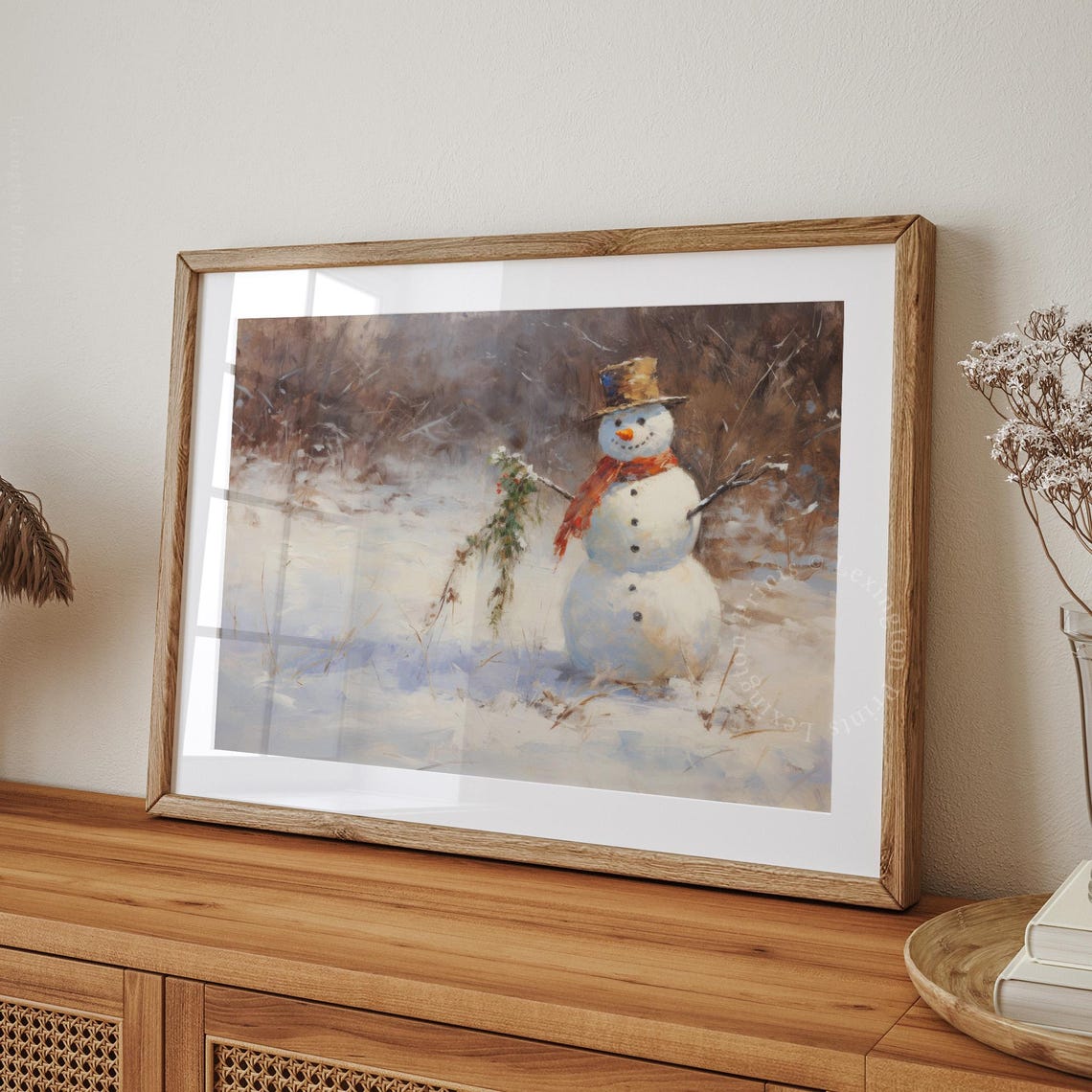 Snowman With Top Hat Red Scarf Winter Scene Christmas Art Poster - Image 8