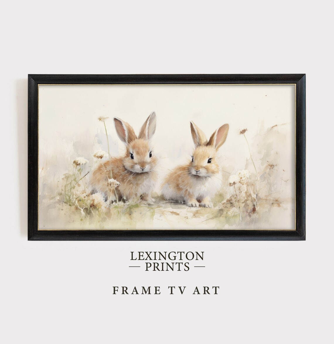 Baby Bunnies Pair Soft Watercolor Cream Background Easter Frame TV Art Poster - Image 4