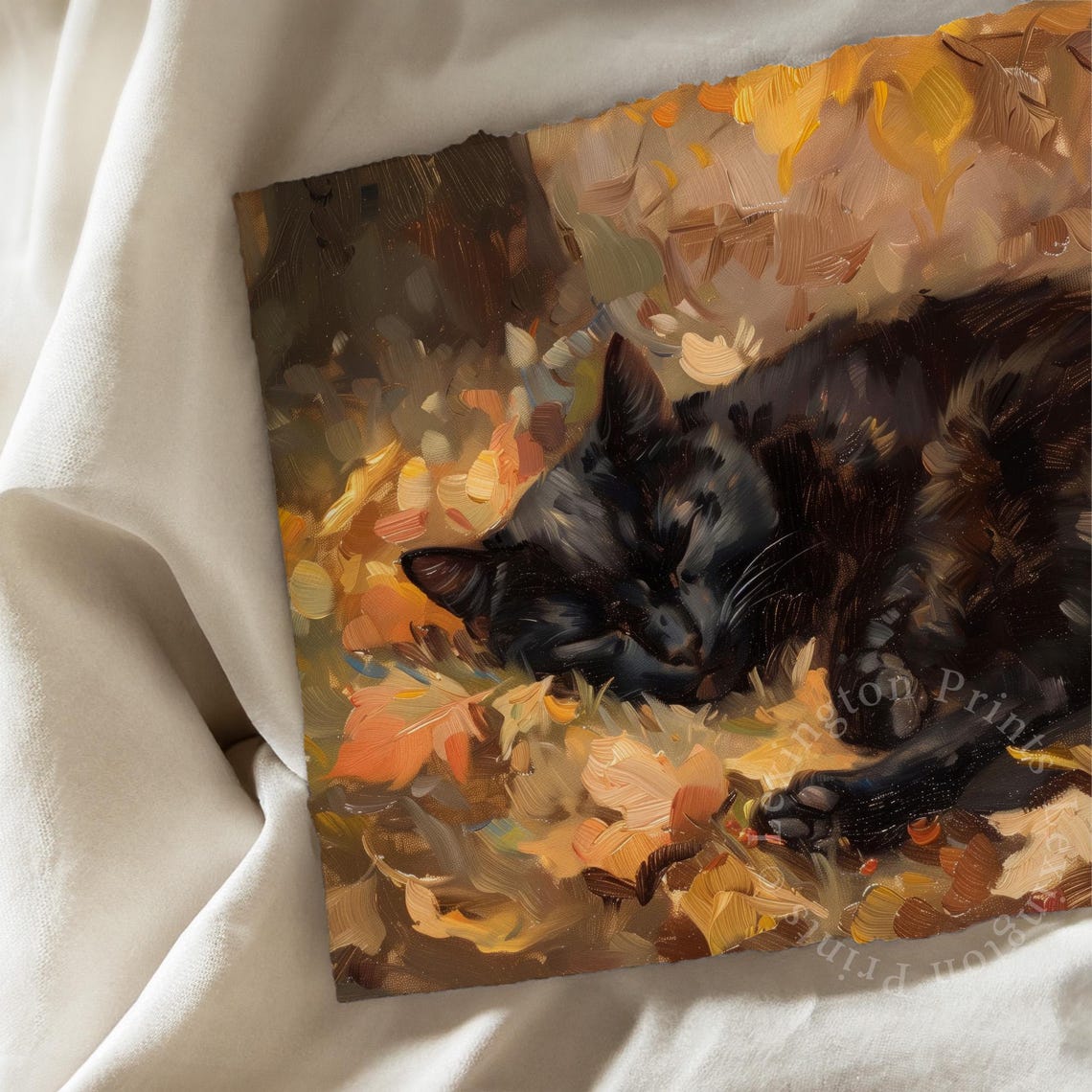 Sleeping Black Cat in Autumn Leaves Cozy Fall Oil Painting Wall Art - Image 8