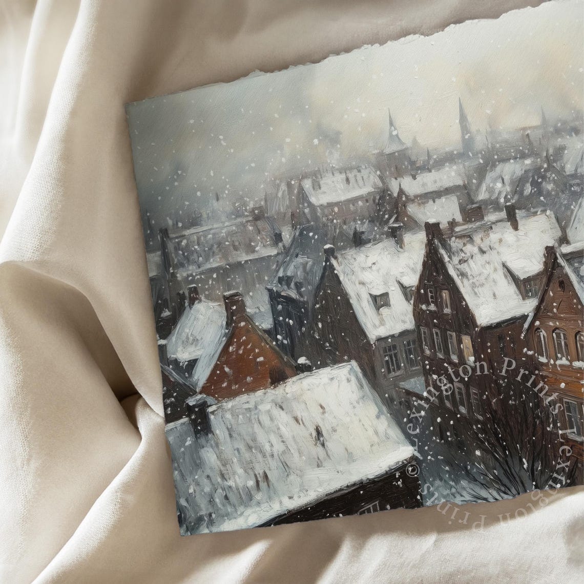 Snowy Old Village Rooftops in Winter Impressionist Scene Poster - Image 7