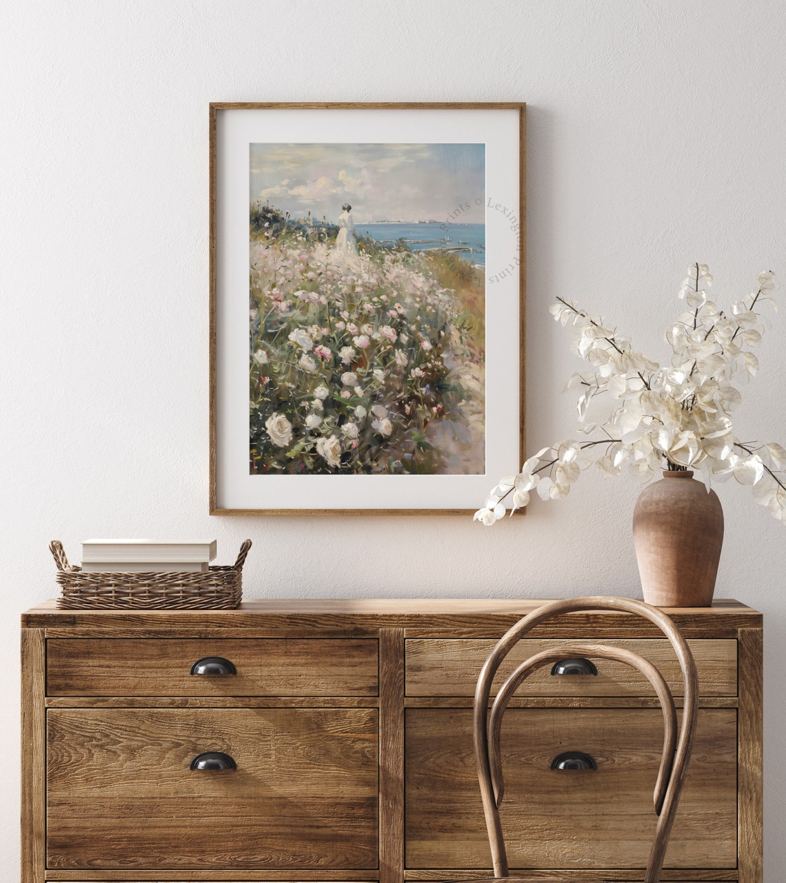 Woman Walking Through Rose Garden by the Sea Romantic Coastal Poster - Image 8