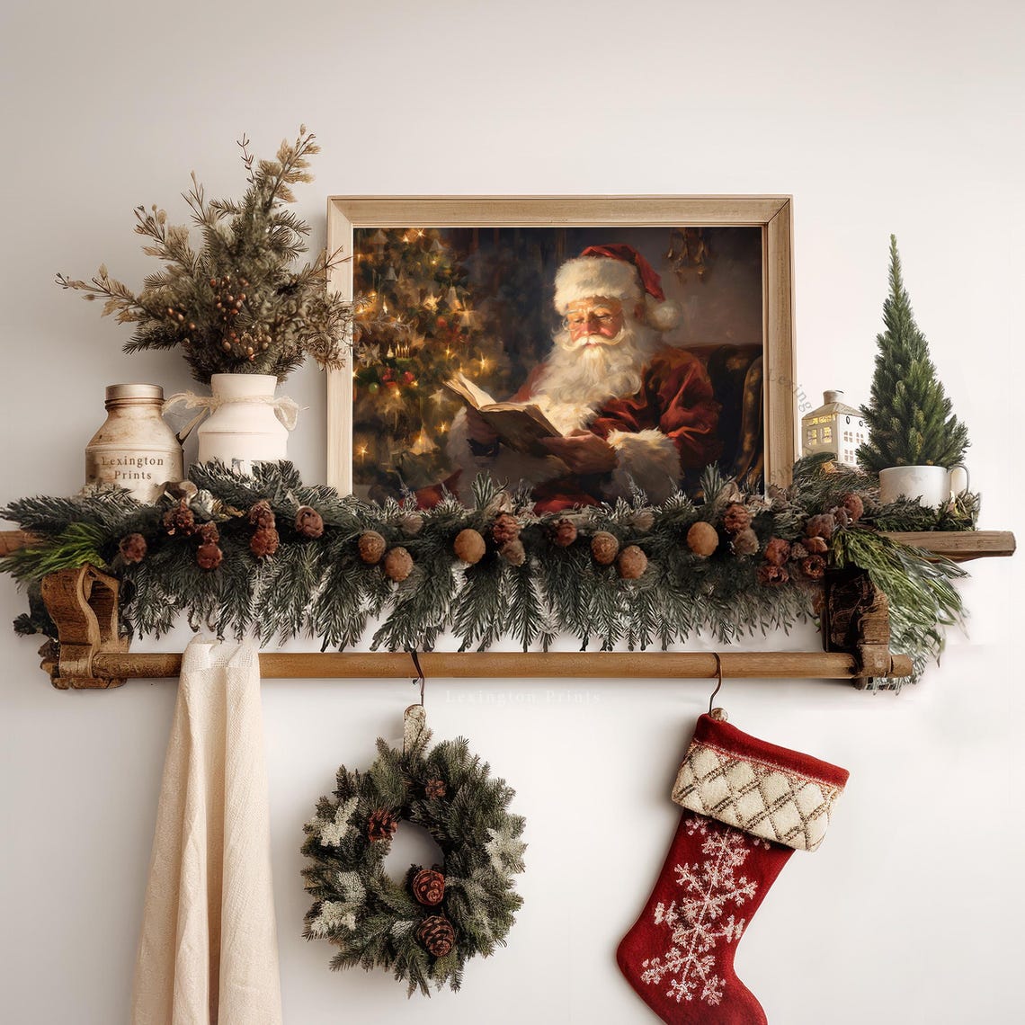 Santa Claus Reading Book by Lit Christmas Tree Cozy Holiday Poster - Image 7