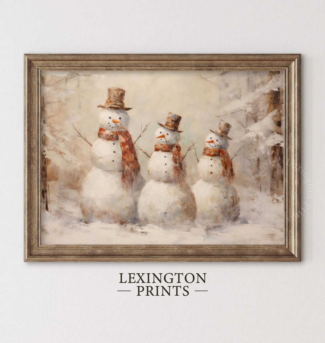 Three Vintage Snowmen in Winter Forest Christmas Scene Poster - Image 4