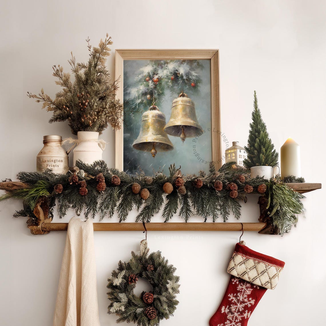 Large Brass Bells on Snowy Evergreen Bough Misty Winter Holiday Poster - Image 6