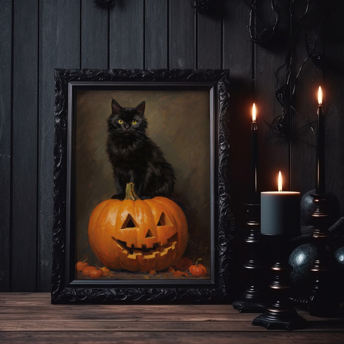 Black Cat Sitting on Carved Jack O Lantern Spooky Halloween Poster - Image 6