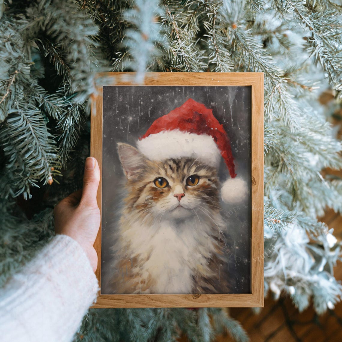 Fluffy Tabby Cat Wearing Santa Hat Snow Portrait Christmas Pet Poster - Image 8