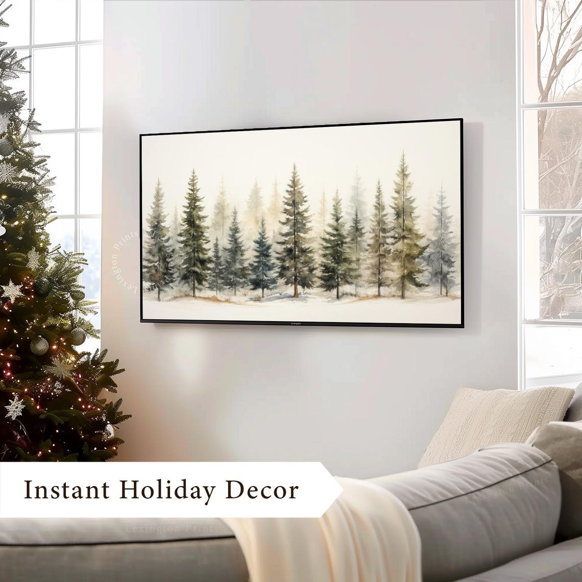 Misty Pine Forest Watercolor Winter Trees Scene Landscape Poster - Image 3