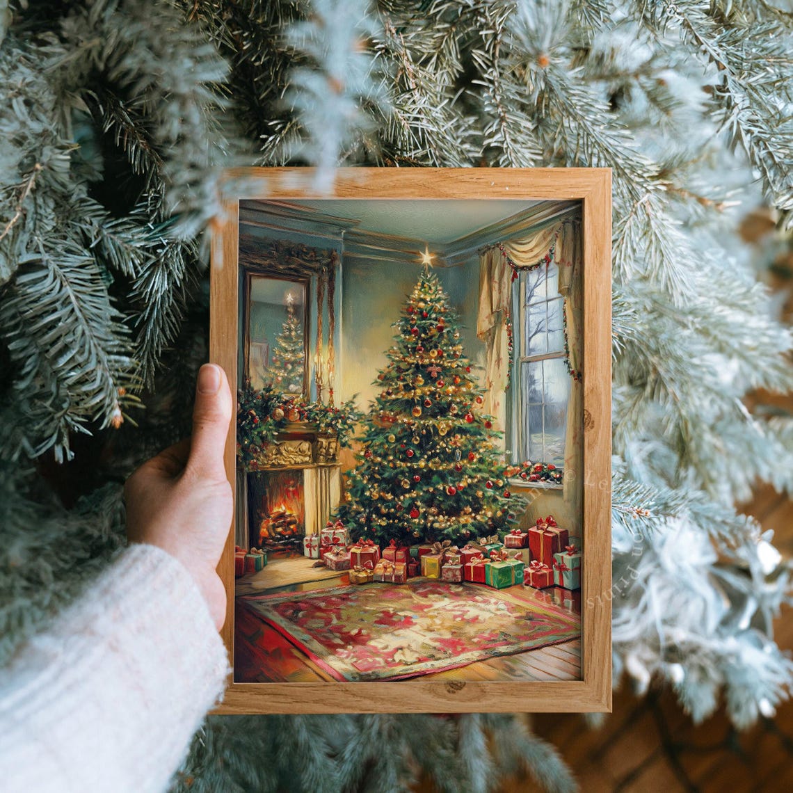 Cozy Living Room with Christmas Tree Fireplace and Gifts Poster - Image 8