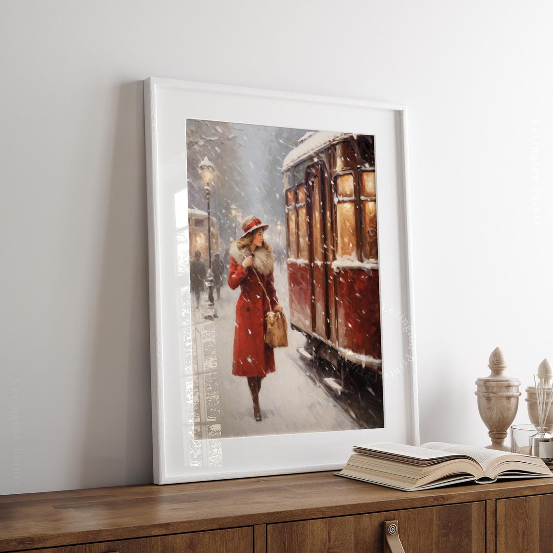 Vintage Christmas Wall Art Woman Christmas Oil Painting Christmas Decor Vintage 1950s Winter Print City Train Art Holiday Art Winter Art 309 - Image 3