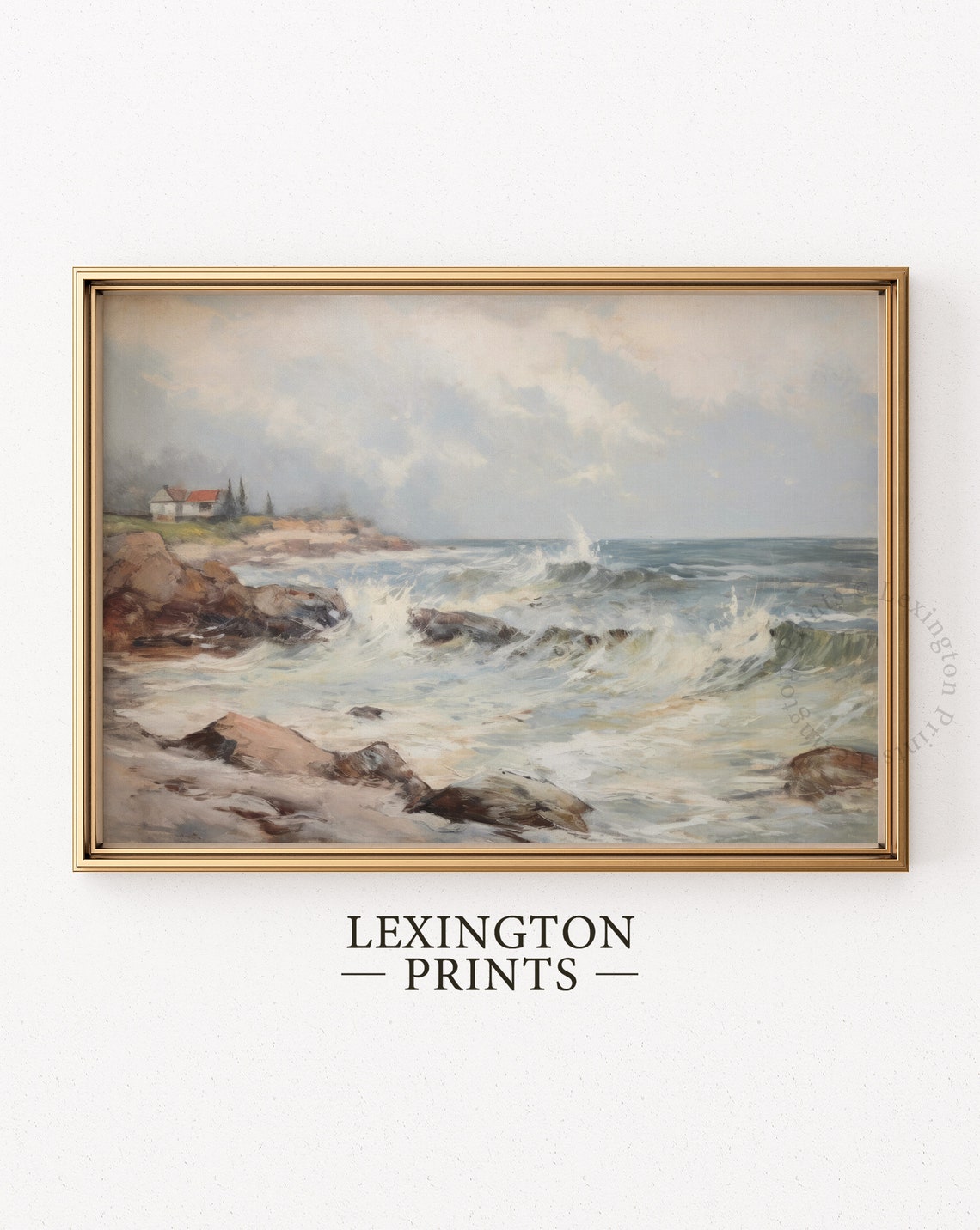 Rocky Coast with Crashing Waves Coastal Vintage Painting Poster - Image 2
