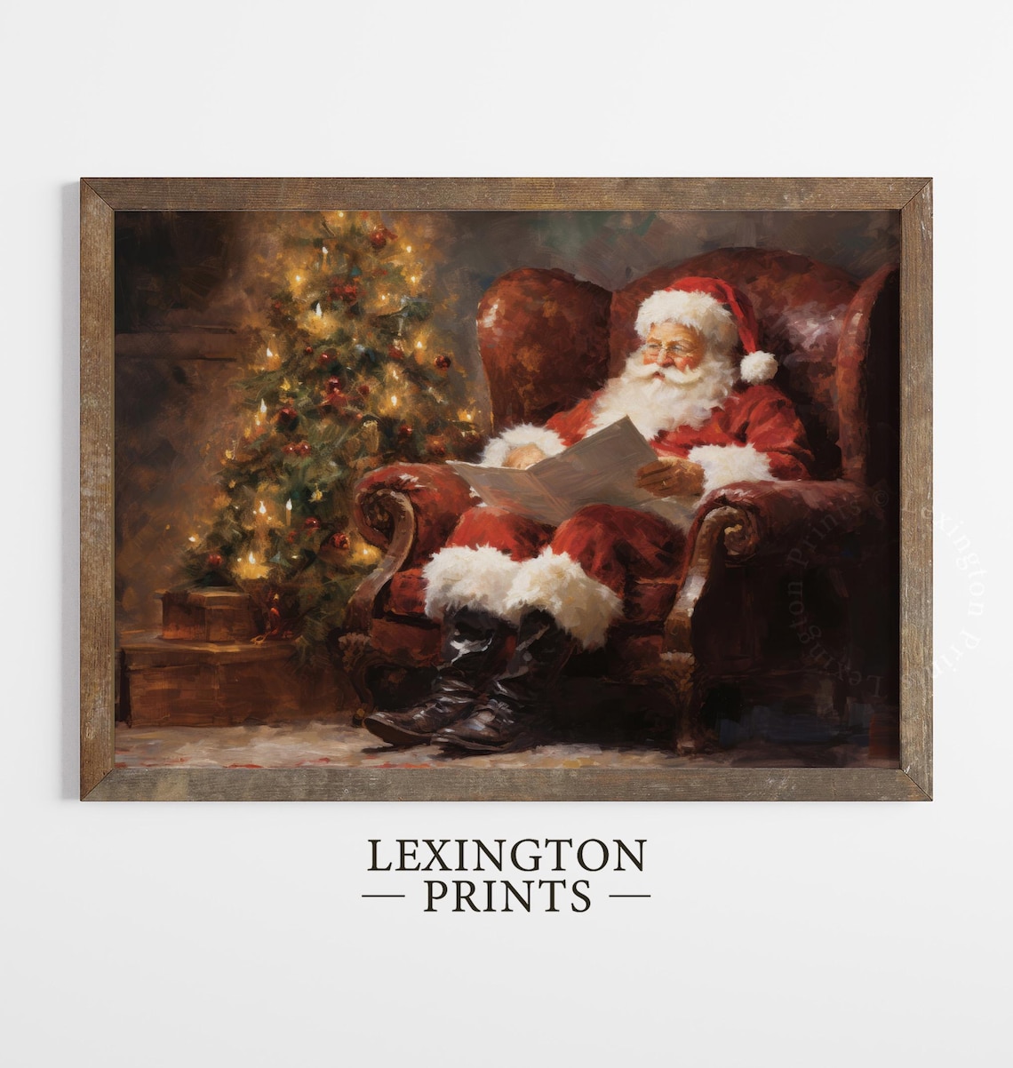Santa Claus Reading Letter Armchair Christmas Tree Painting Poster - Image 2