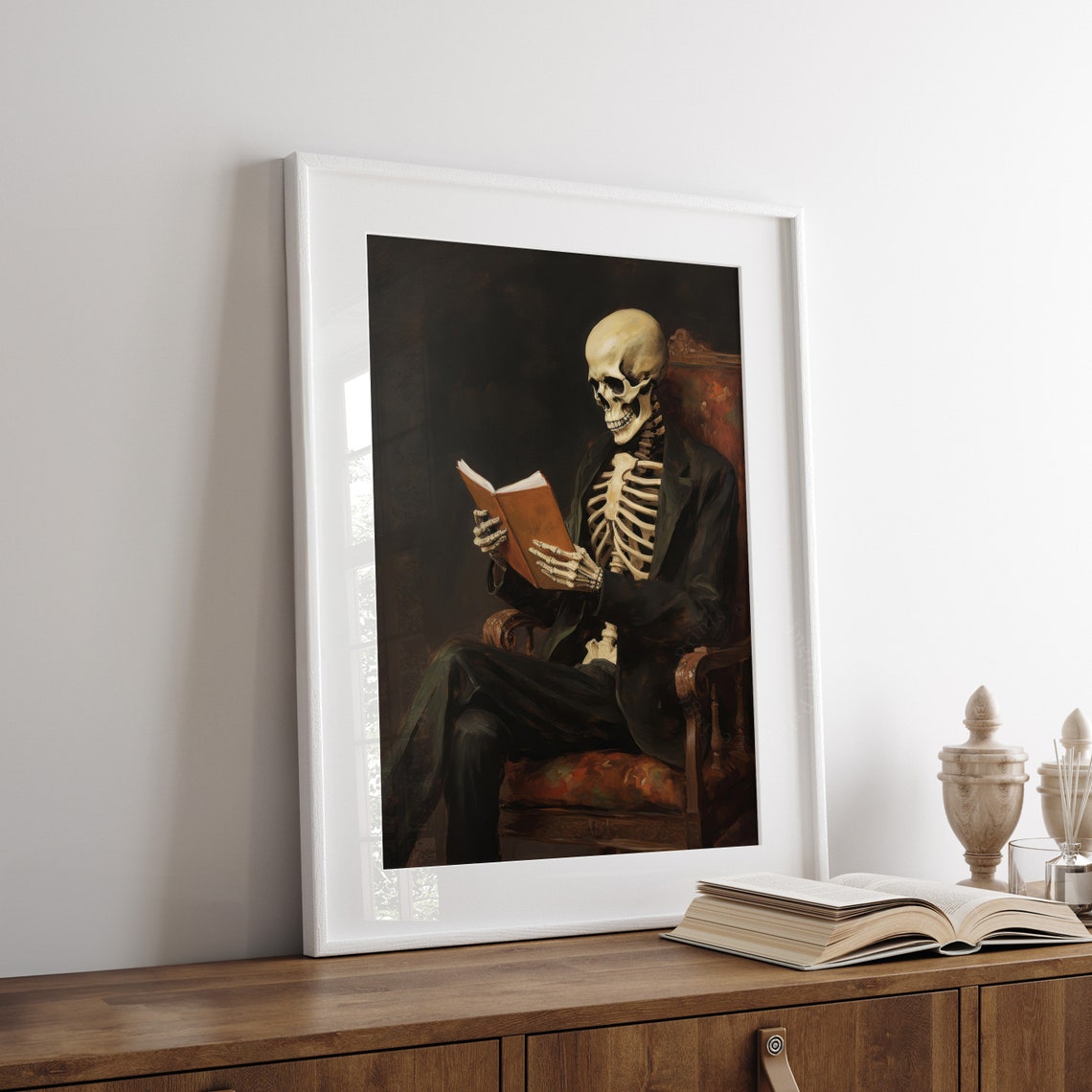 Skeleton Reading Book in Leather Armchair Moody Halloween Wall Art - Image 3