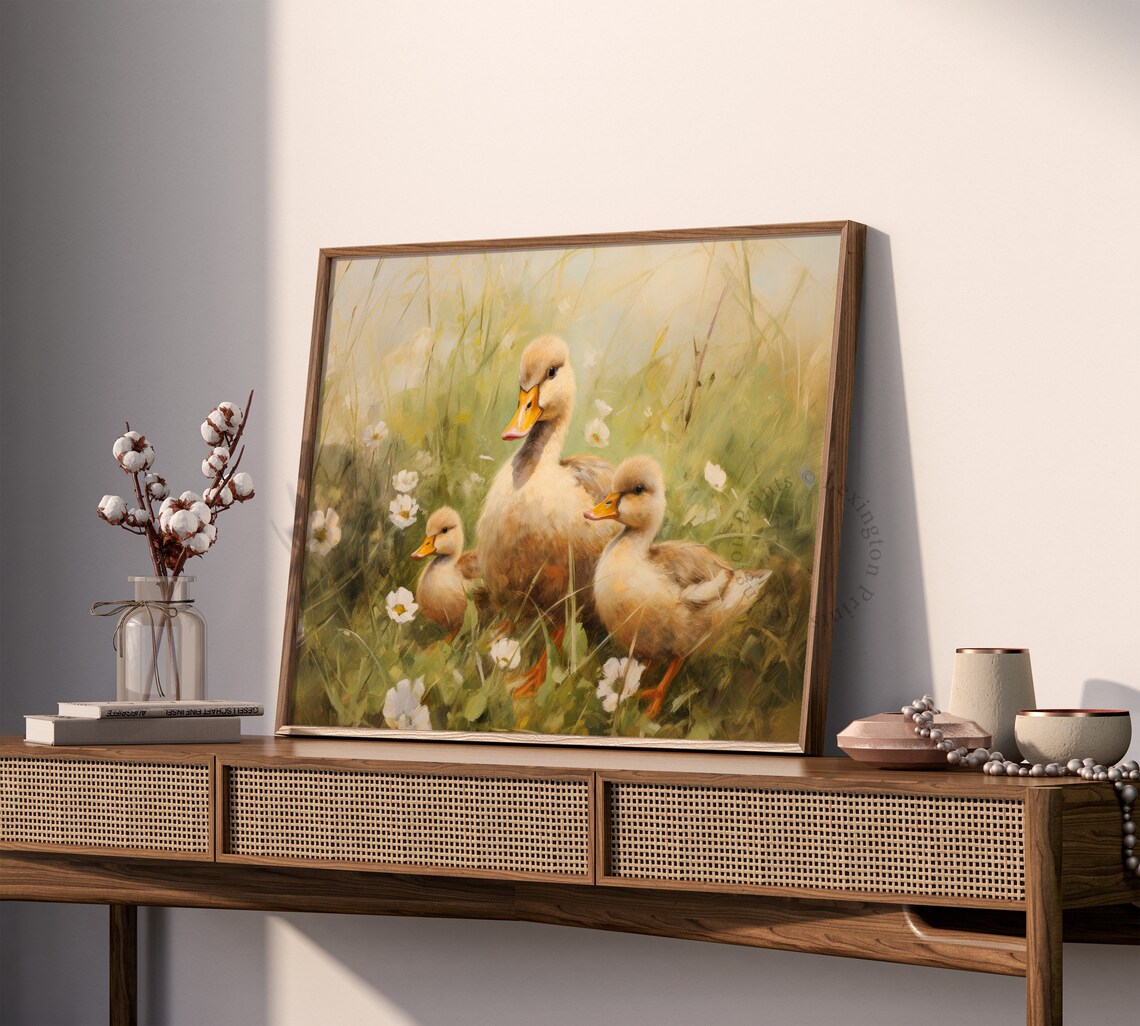 Mother Duck with Ducklings in Wildflowers Pastoral Painting Poster - Image 4